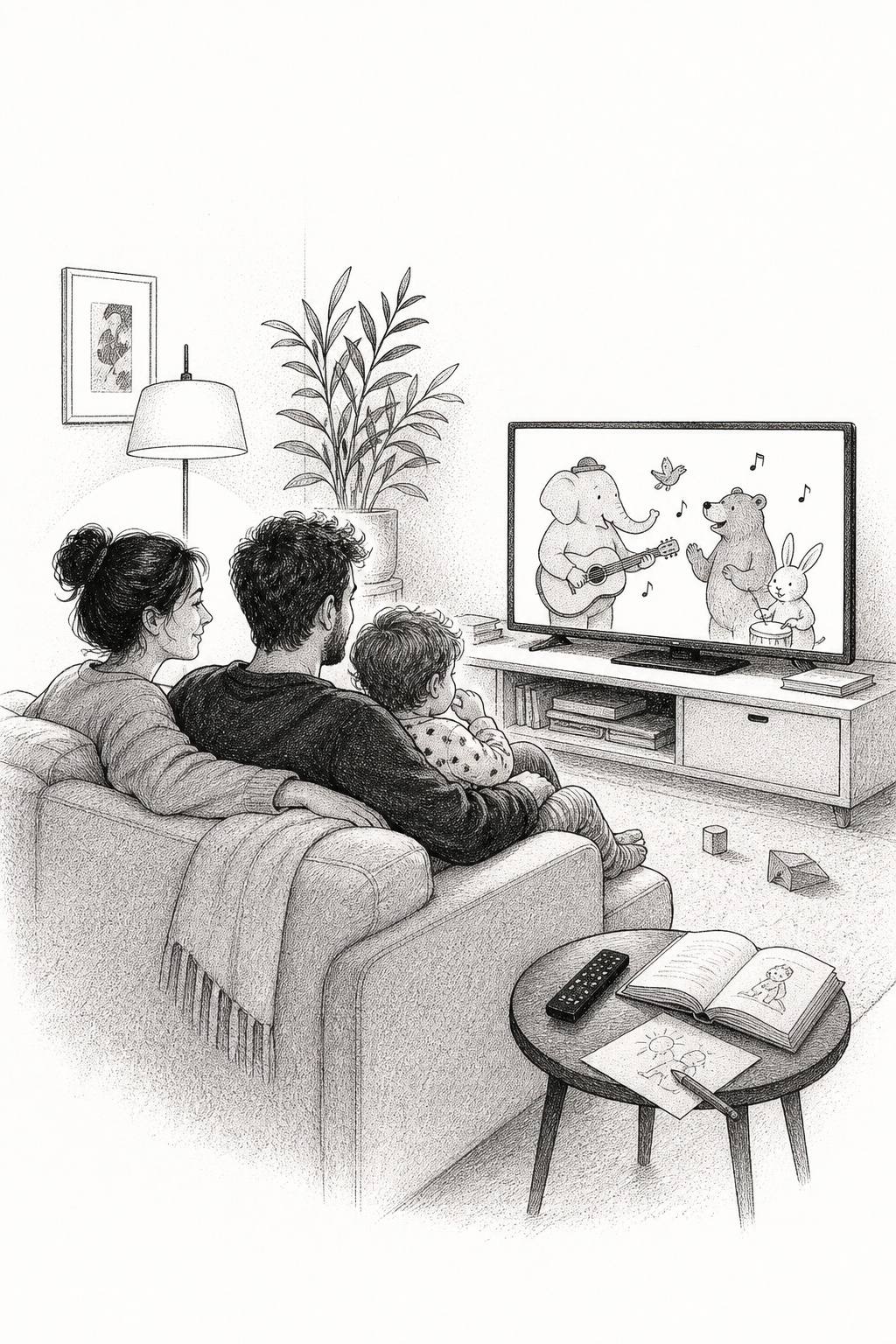 Una famiglia guarda insieme una canzone di animali alla televisione